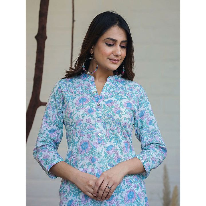 KAAJH Sky Blue Floral Print Cotton Casual Kurta