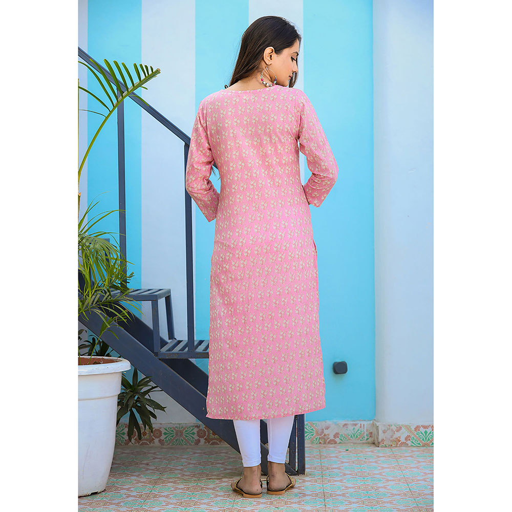 KAAJH Pink Floral Printed Cotton Kurta