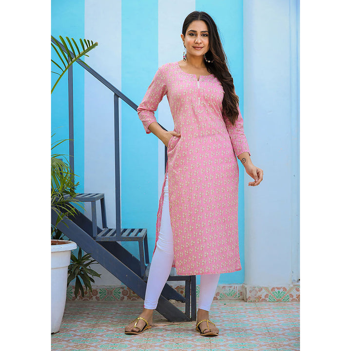 KAAJH Pink Floral Printed Cotton Kurta