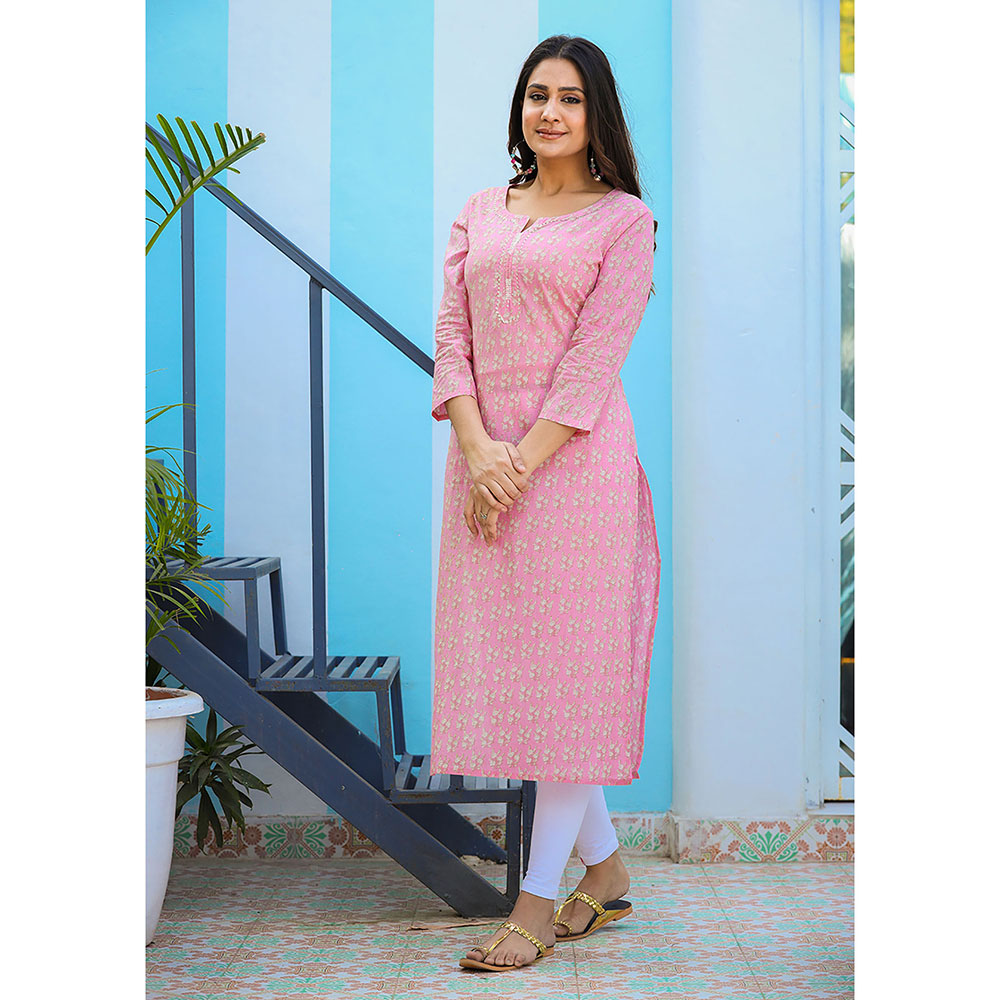 KAAJH Pink Floral Printed Cotton Kurta