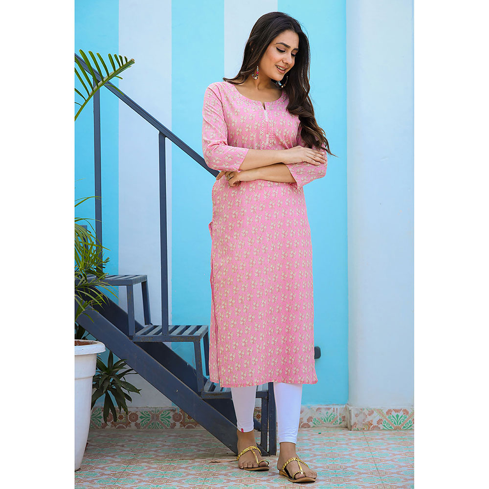 KAAJH Pink Floral Printed Cotton Kurta