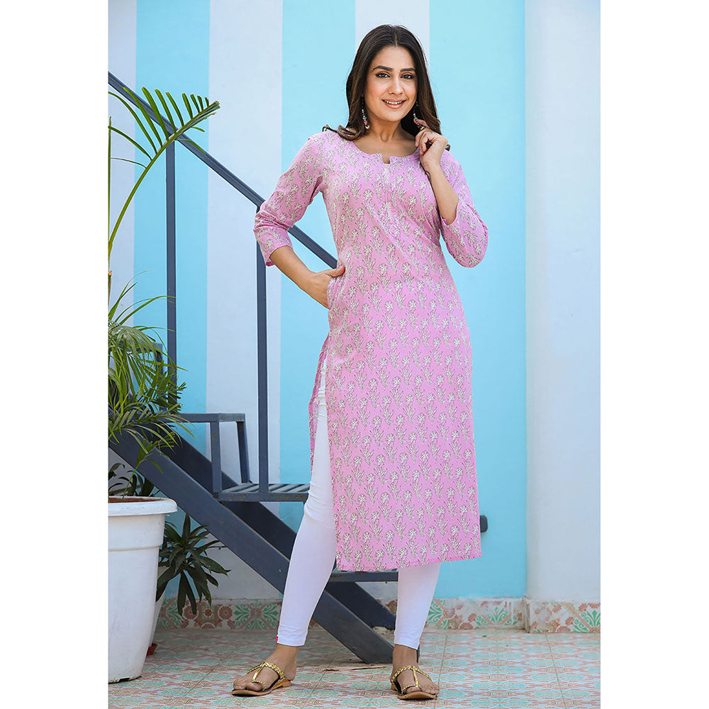 KAAJH Pink Floral Printed Cotton Kurta