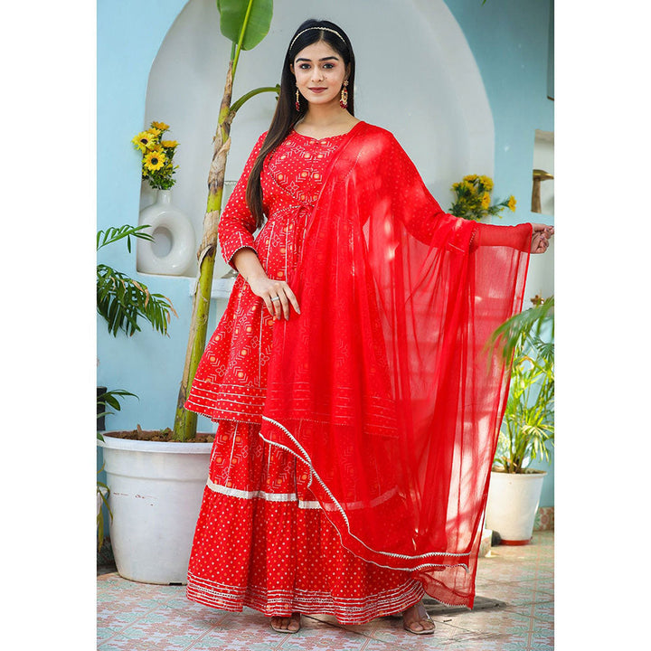 KAAJH Red Bandhej Cotton Peplum Kurta Sharara with Dupatta (Set of 3)