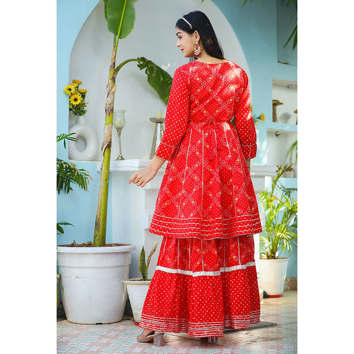 KAAJH Red Bandhej Cotton Peplum Kurta Sharara with Dupatta (Set of 3)