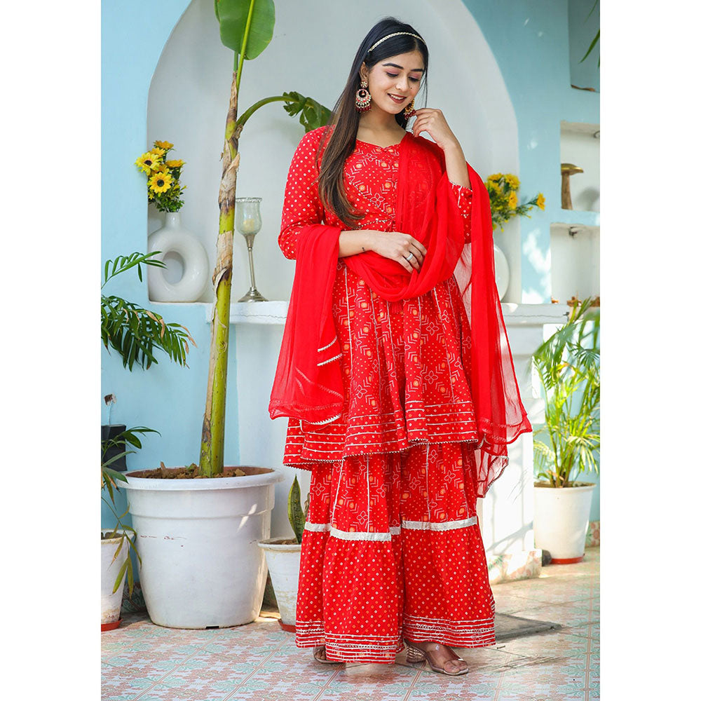 KAAJH Red Bandhej Cotton Peplum Kurta Sharara with Dupatta (Set of 3)