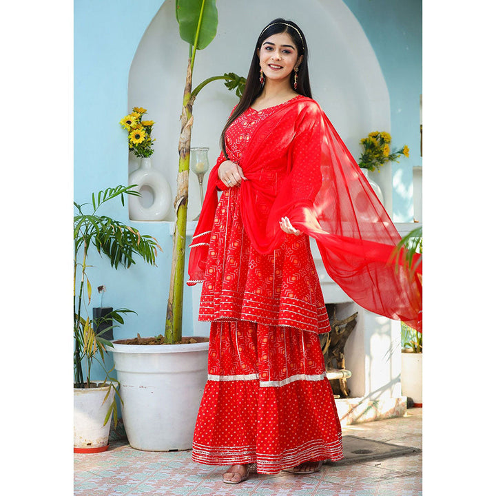 KAAJH Red Bandhej Cotton Peplum Kurta Sharara with Dupatta (Set of 3)