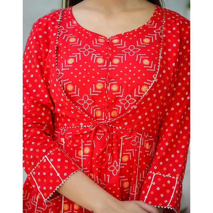 KAAJH Red Bandhej Cotton Peplum Kurta Sharara with Dupatta (Set of 3)