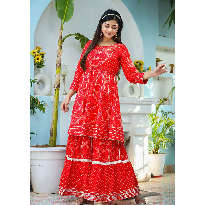 KAAJH Red Bandhej Cotton Peplum Kurta Sharara with Dupatta (Set of 3)