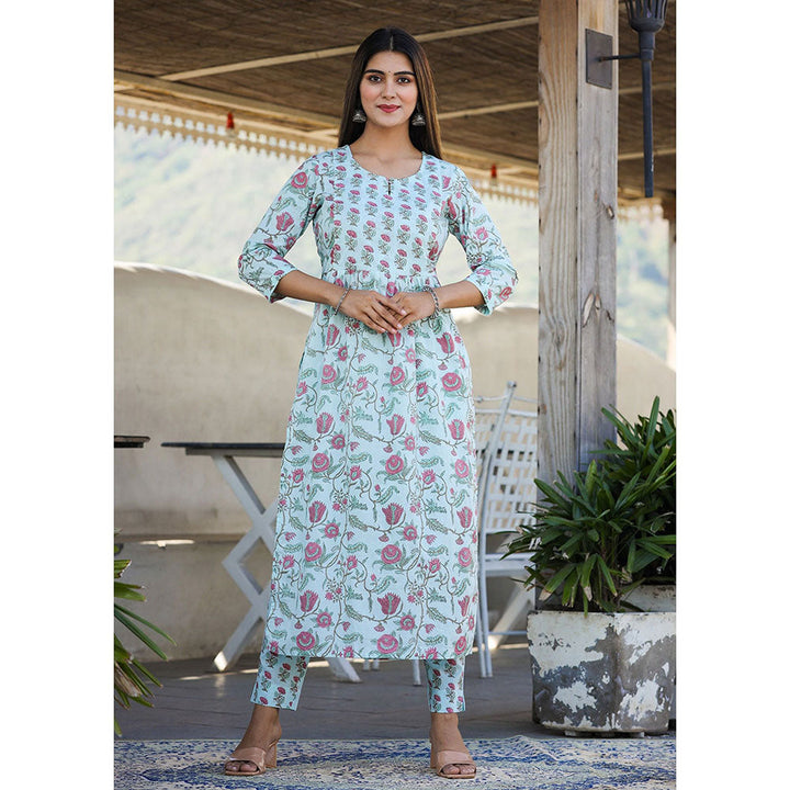 KAAJH Sky Blue Floral Print Side Slit Cotton Kurta Pant (Set of 2)