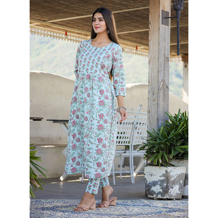 KAAJH Sky Blue Floral Print Side Slit Cotton Kurta Pant (Set of 2)