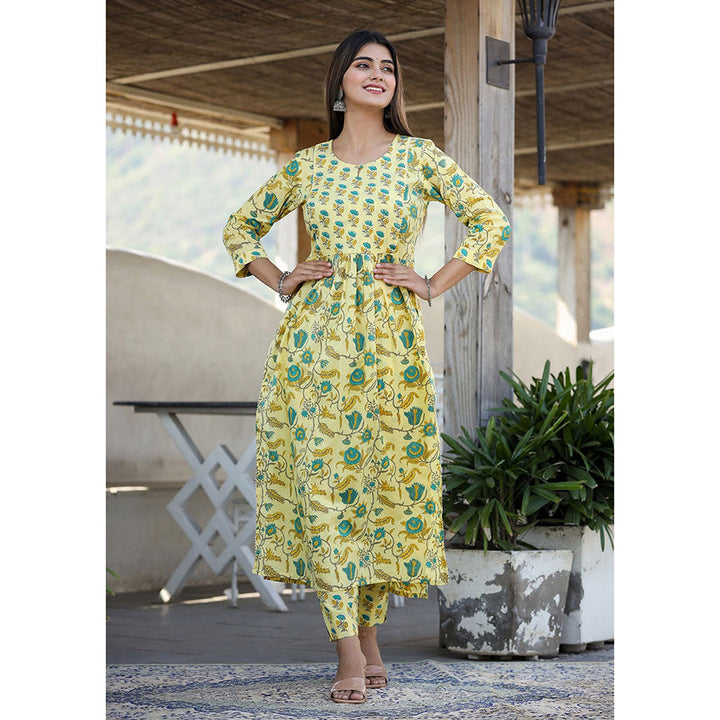 KAAJH Yellow Floral Print Side Slit Cotton Kurta Pant (Set of 2)