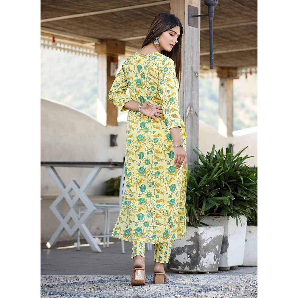 KAAJH Yellow Floral Print Side Slit Cotton Kurta Pant (Set of 2)