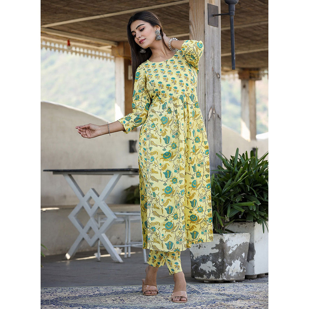 KAAJH Yellow Floral Print Side Slit Cotton Kurta Pant (Set of 2)