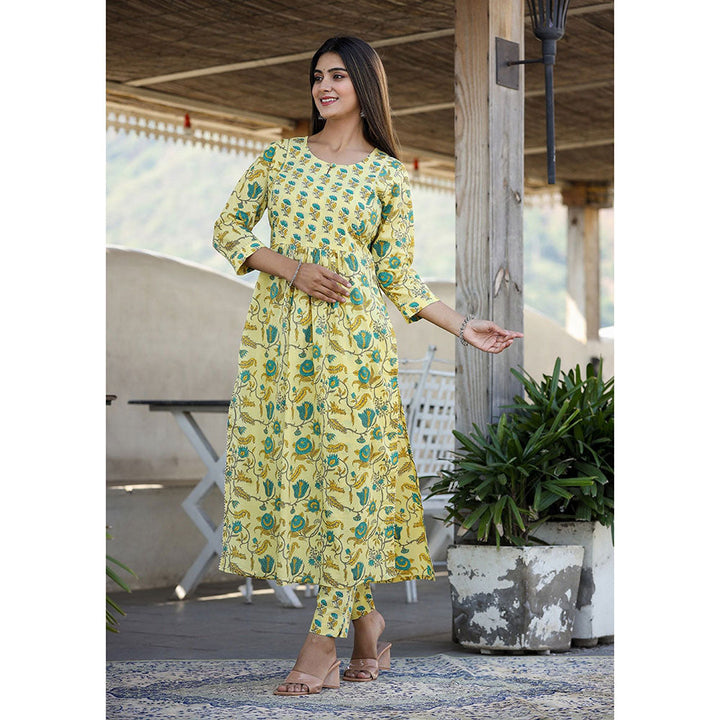 KAAJH Yellow Floral Print Side Slit Cotton Kurta Pant (Set of 2)