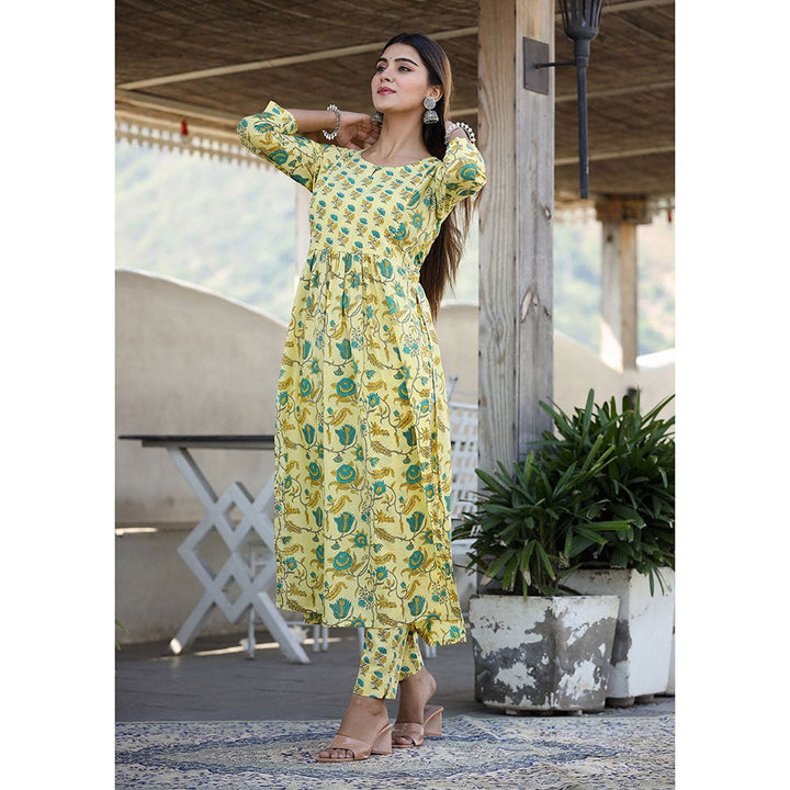 KAAJH Yellow Floral Print Side Slit Cotton Kurta Pant (Set of 2)