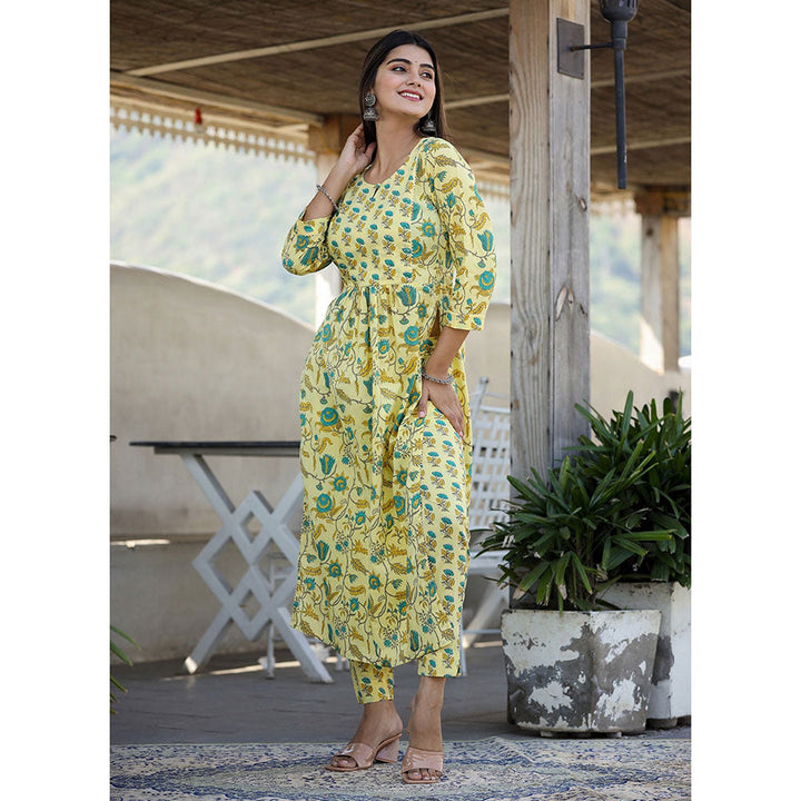 KAAJH Yellow Floral Print Side Slit Cotton Kurta Pant (Set of 2)