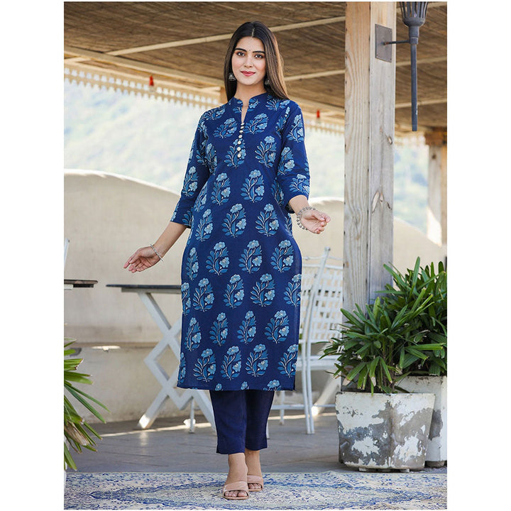 KAAJH Blue Floral Print Cotton Kurta with Pant (Set of 2)