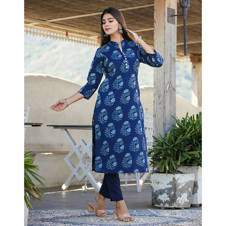 KAAJH Blue Floral Print Cotton Kurta with Pant (Set of 2)