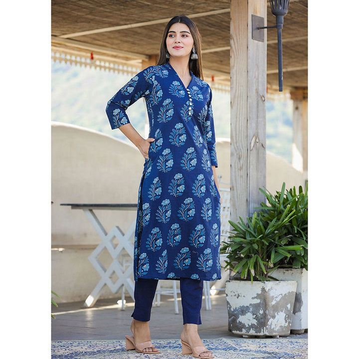 KAAJH Blue Floral Print Cotton Kurta with Pant (Set of 2)