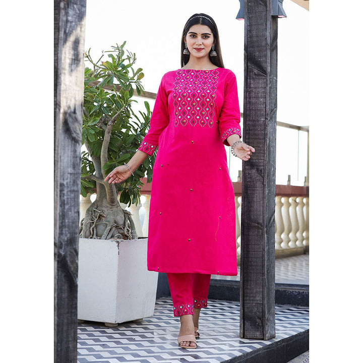 KAAJH Pink Embroidered Cotton Kurta Pant (Set of 2)