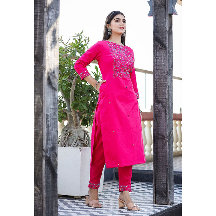 KAAJH Pink Embroidered Cotton Kurta Pant (Set of 2)