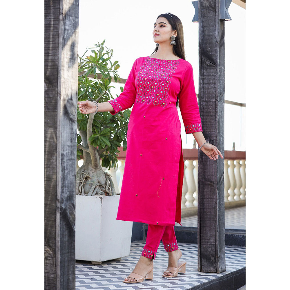 KAAJH Pink Embroidered Cotton Kurta Pant (Set of 2)