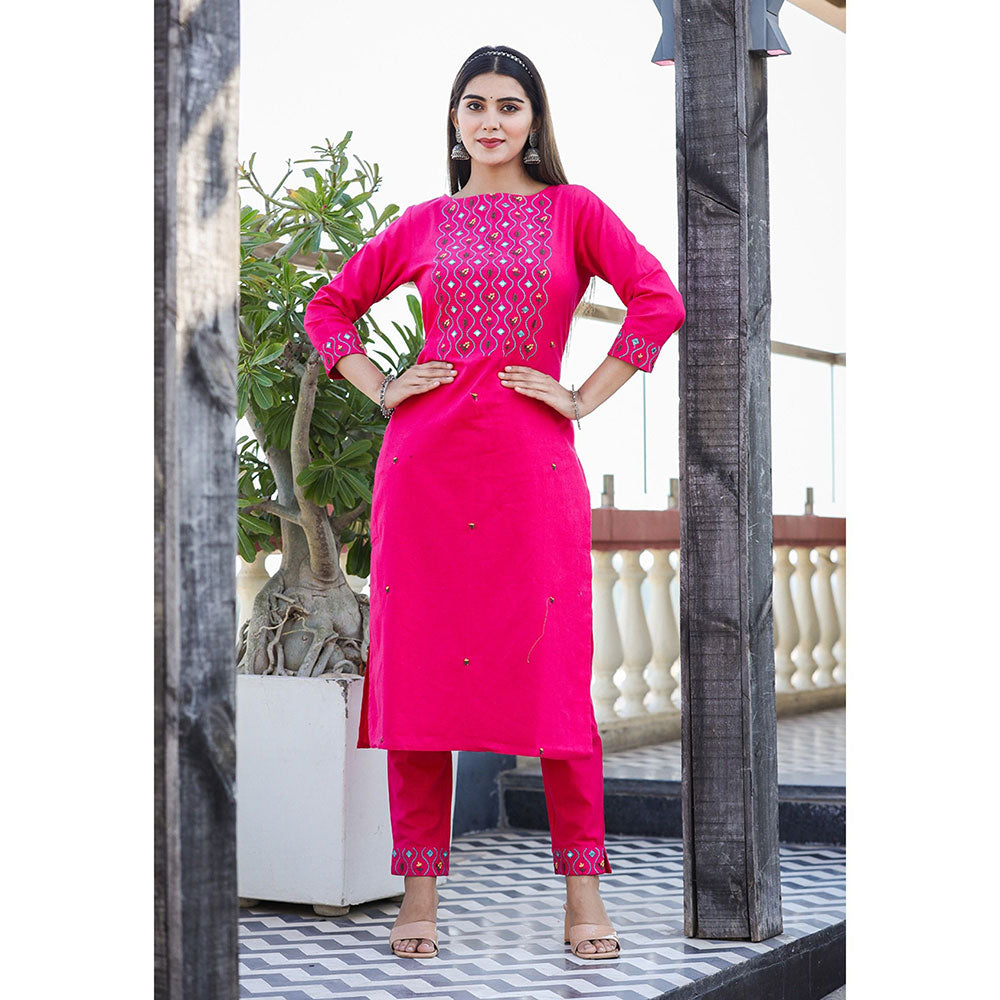 KAAJH Pink Embroidered Cotton Kurta Pant (Set of 2)