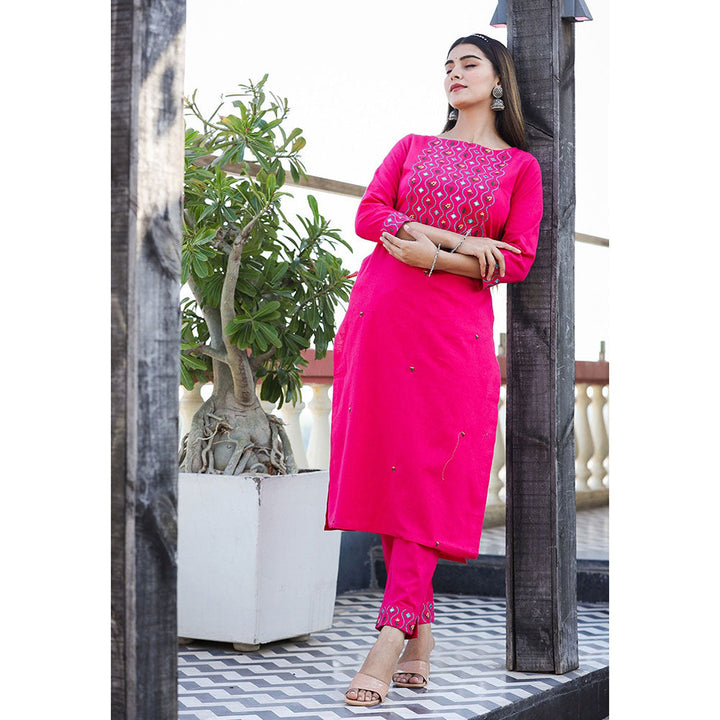 KAAJH Pink Embroidered Cotton Kurta Pant (Set of 2)