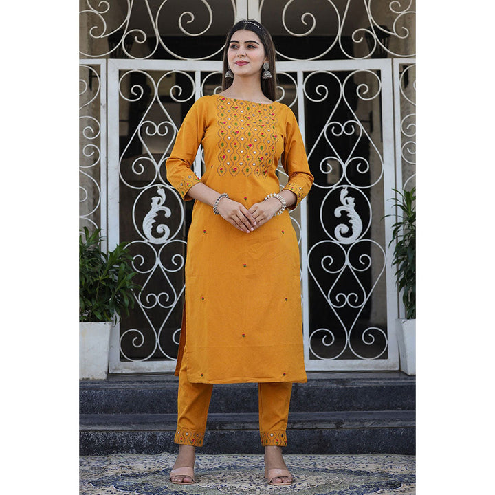 KAAJH Mustard Embroidered Cotton Kurta Pant (Set of 2)