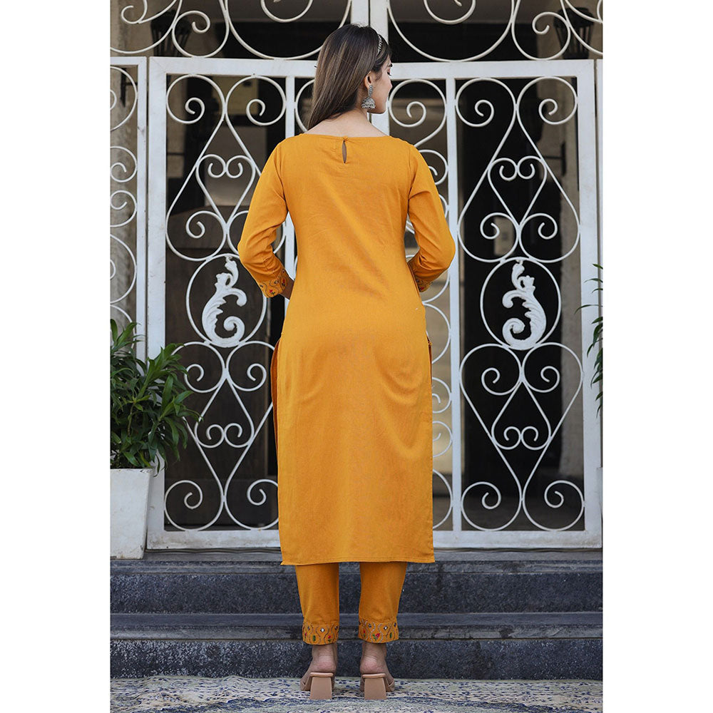 KAAJH Mustard Embroidered Cotton Kurta Pant (Set of 2)