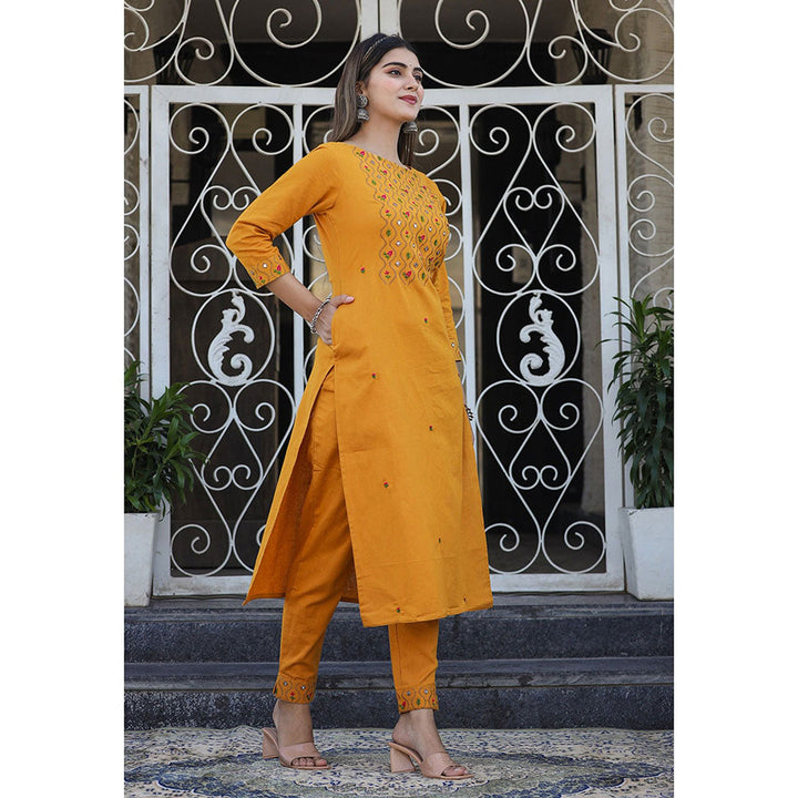 KAAJH Mustard Embroidered Cotton Kurta Pant (Set of 2)