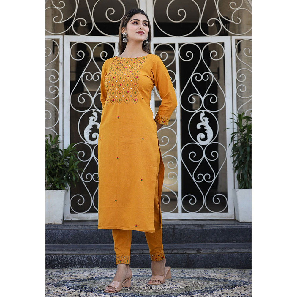 KAAJH Mustard Embroidered Cotton Kurta Pant (Set of 2)