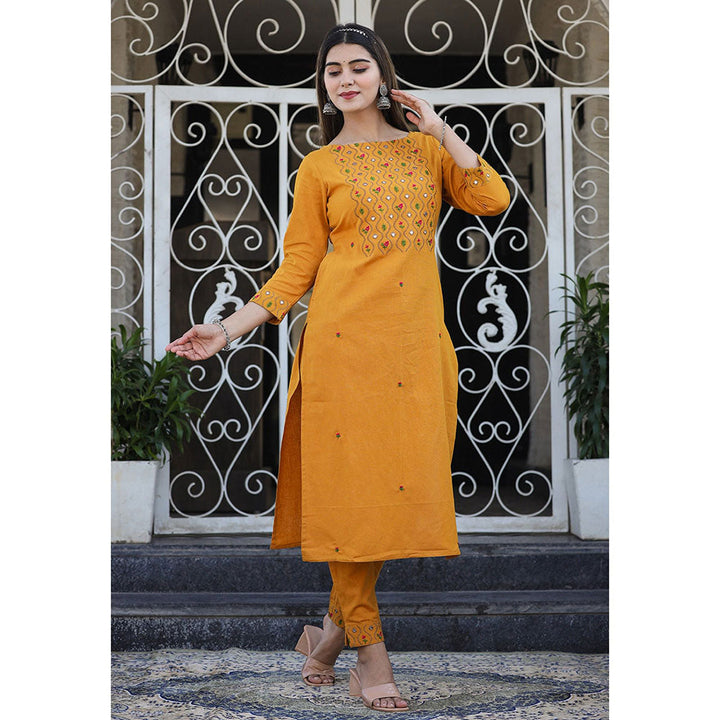 KAAJH Mustard Embroidered Cotton Kurta Pant (Set of 2)