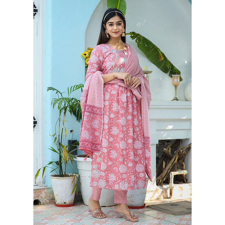 KAAJH Pink Floral Print Cotton Kurta Pant with Dupatta (Set of 3)