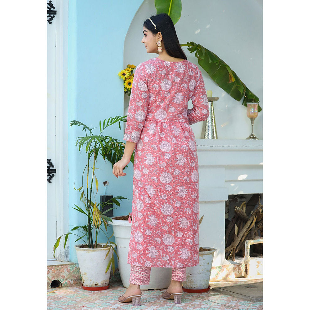 KAAJH Pink Floral Print Cotton Kurta Pant with Dupatta (Set of 3)