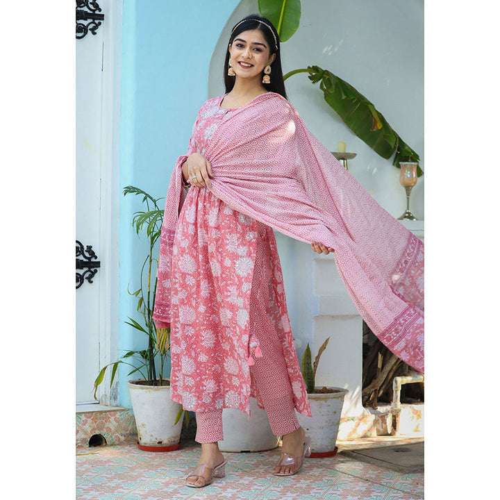 KAAJH Pink Floral Print Cotton Kurta Pant with Dupatta (Set of 3)