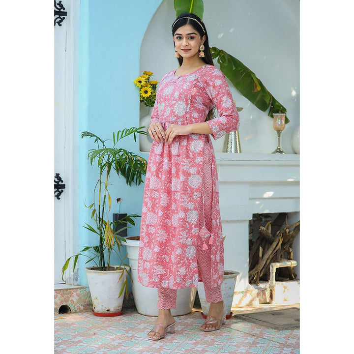 KAAJH Pink Floral Print Cotton Kurta Pant with Dupatta (Set of 3)