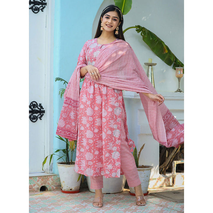 KAAJH Pink Floral Print Cotton Kurta Pant with Dupatta (Set of 3)