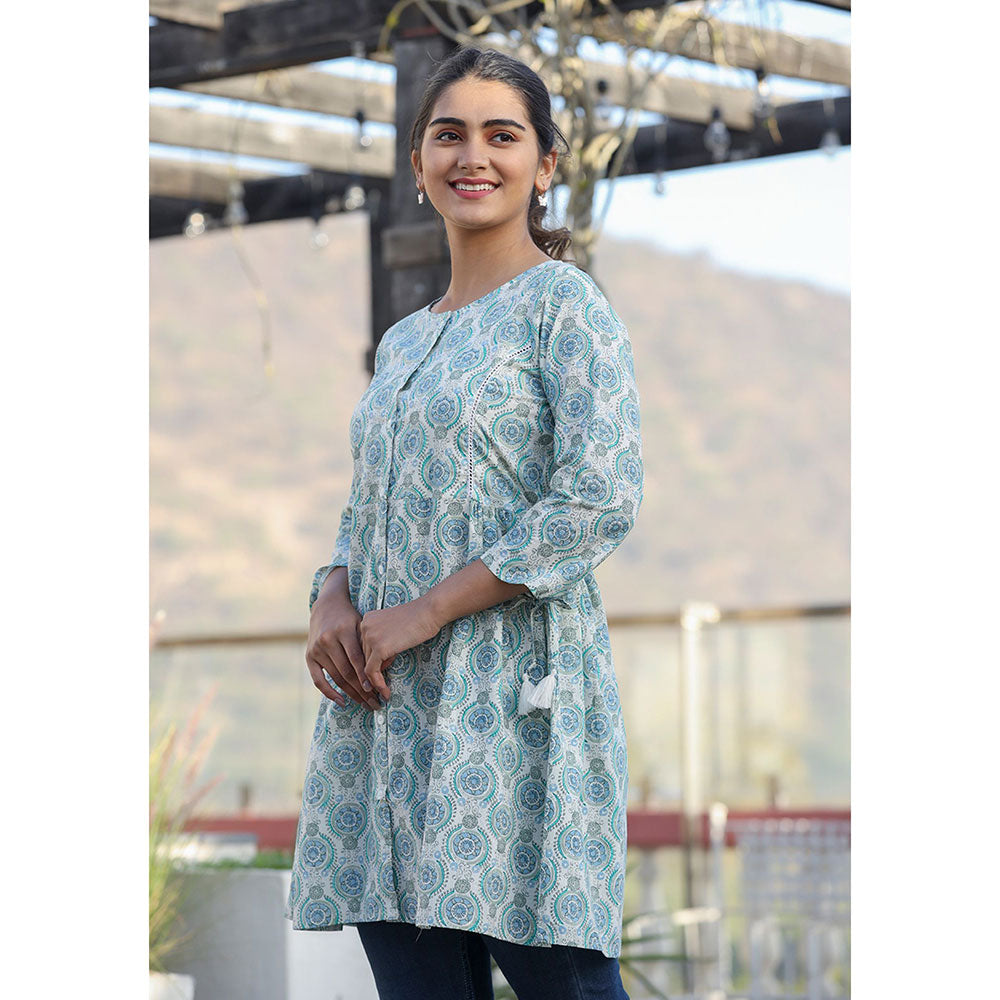 KAAJH Off White Printed Shirt Style Cotton Tunic