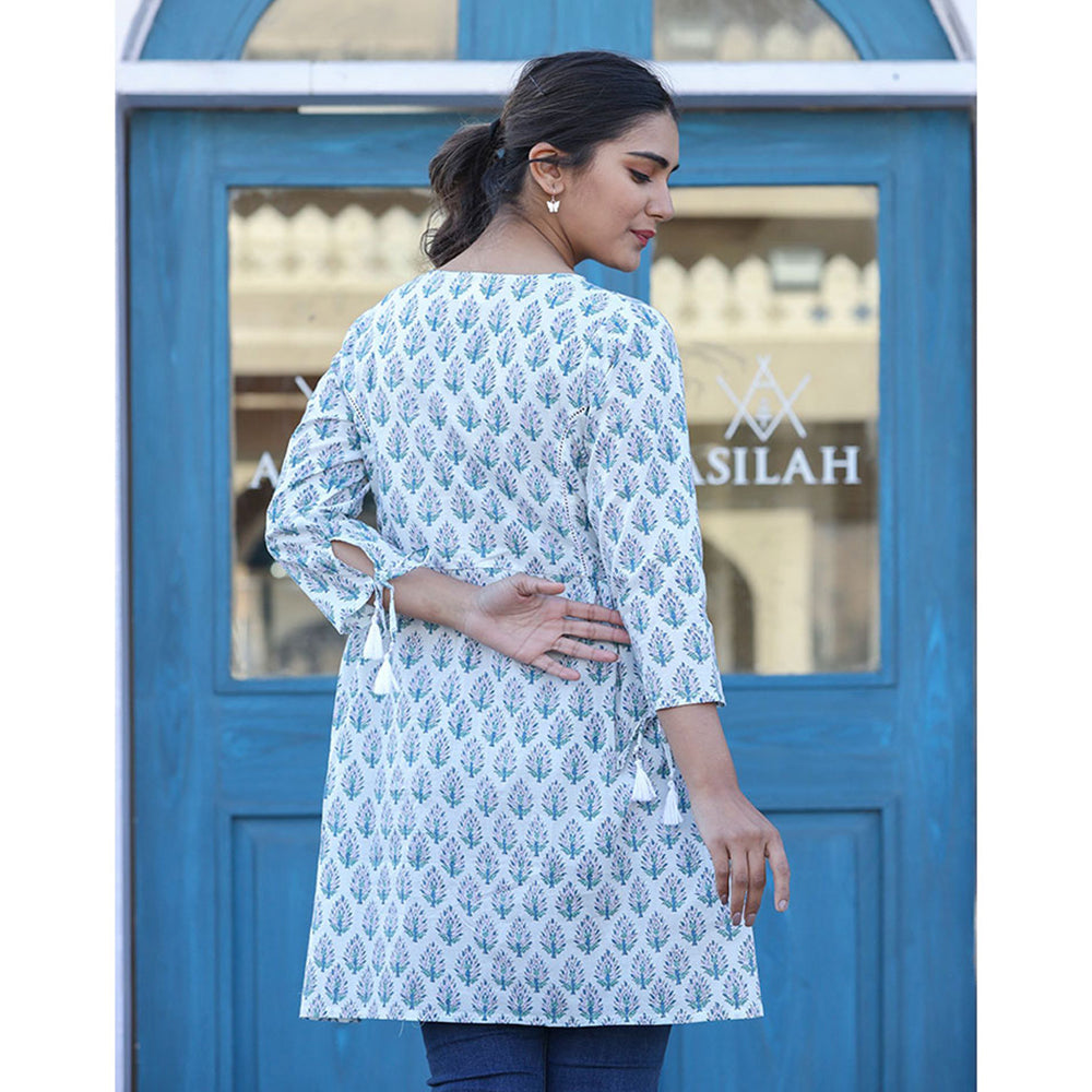 KAAJH White Printed Cotton Shirt Style Tunic Top