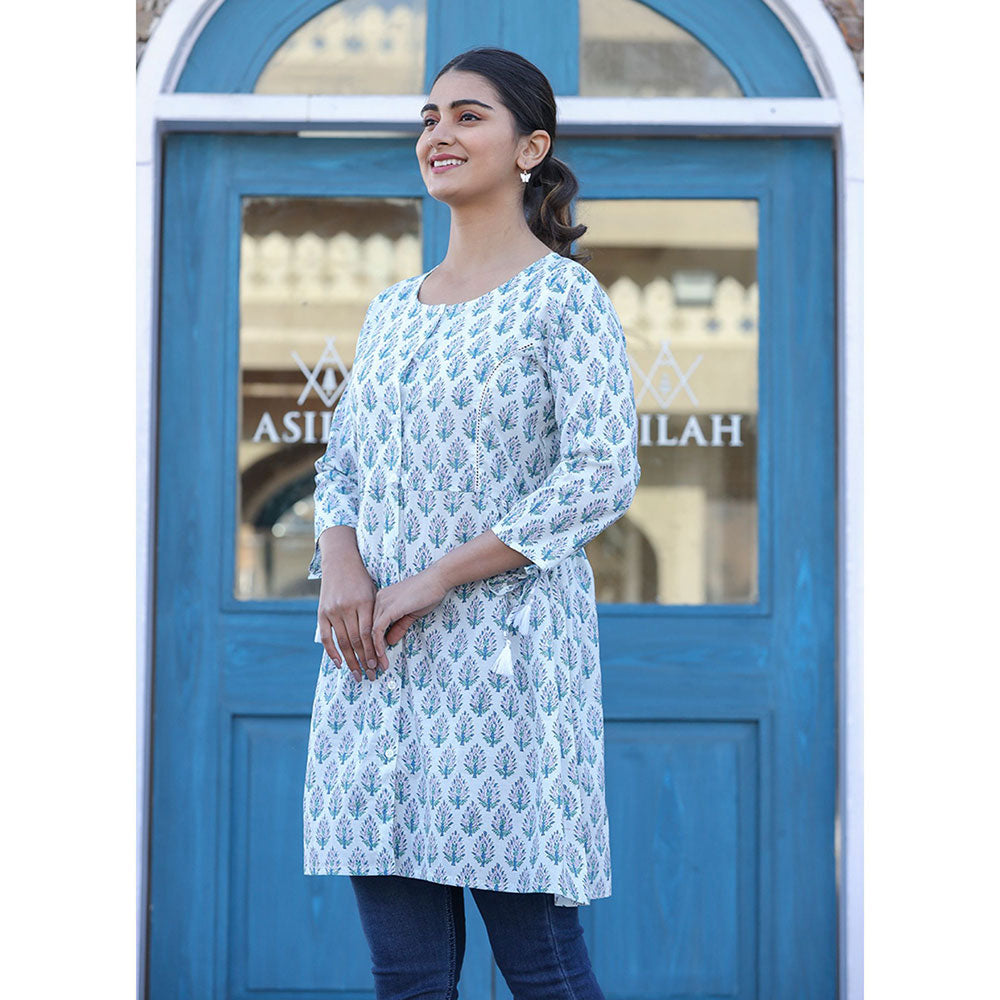 KAAJH White Printed Cotton Shirt Style Tunic Top