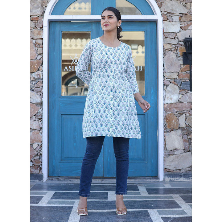 KAAJH White Printed Cotton Shirt Style Tunic Top