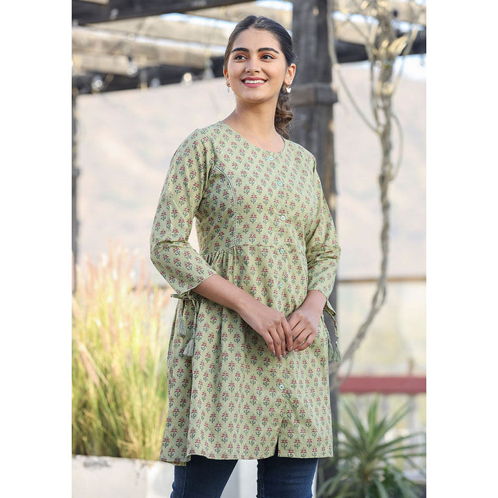 KAAJH Green Printed Cotton Shirt Style Tunic