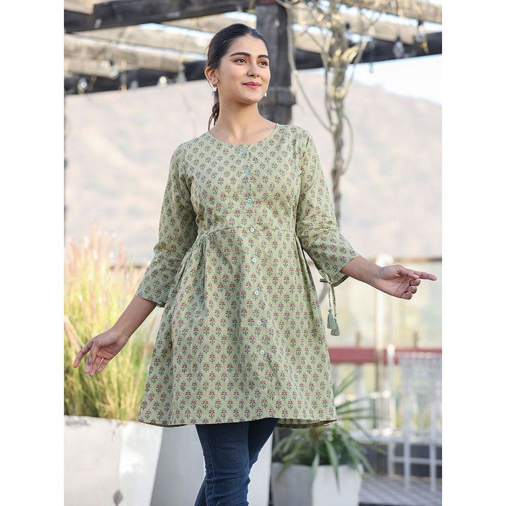 KAAJH Green Printed Cotton Shirt Style Tunic