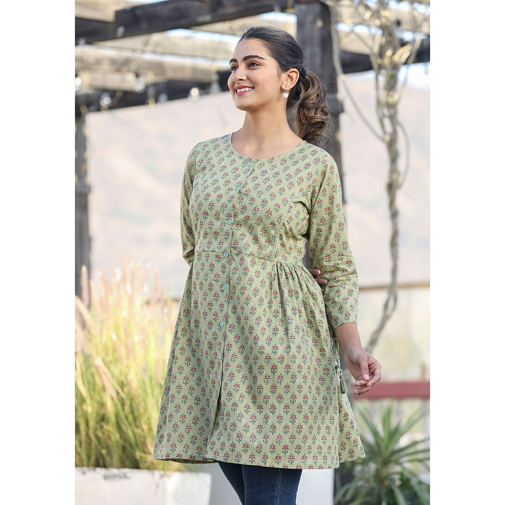 KAAJH Green Printed Cotton Shirt Style Tunic