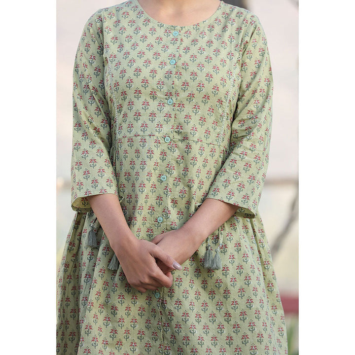 KAAJH Green Printed Cotton Shirt Style Tunic