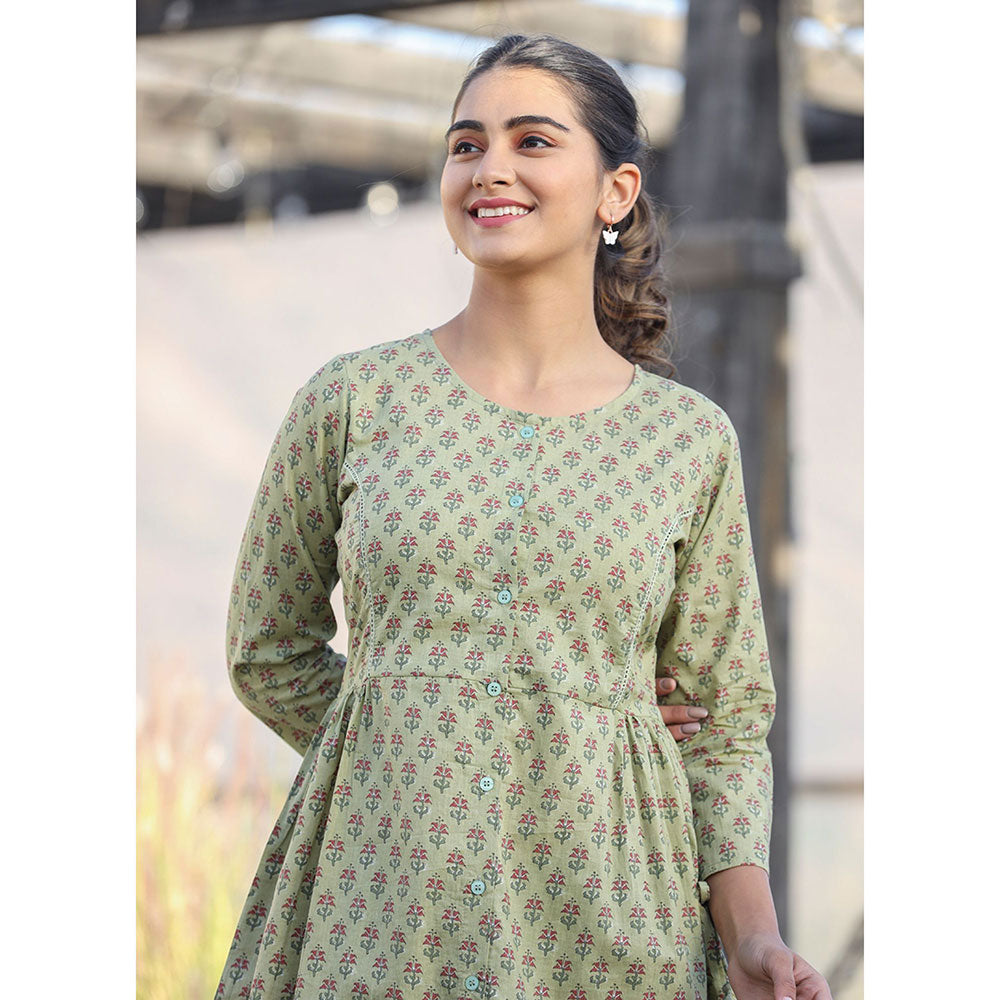 KAAJH Green Printed Cotton Shirt Style Tunic