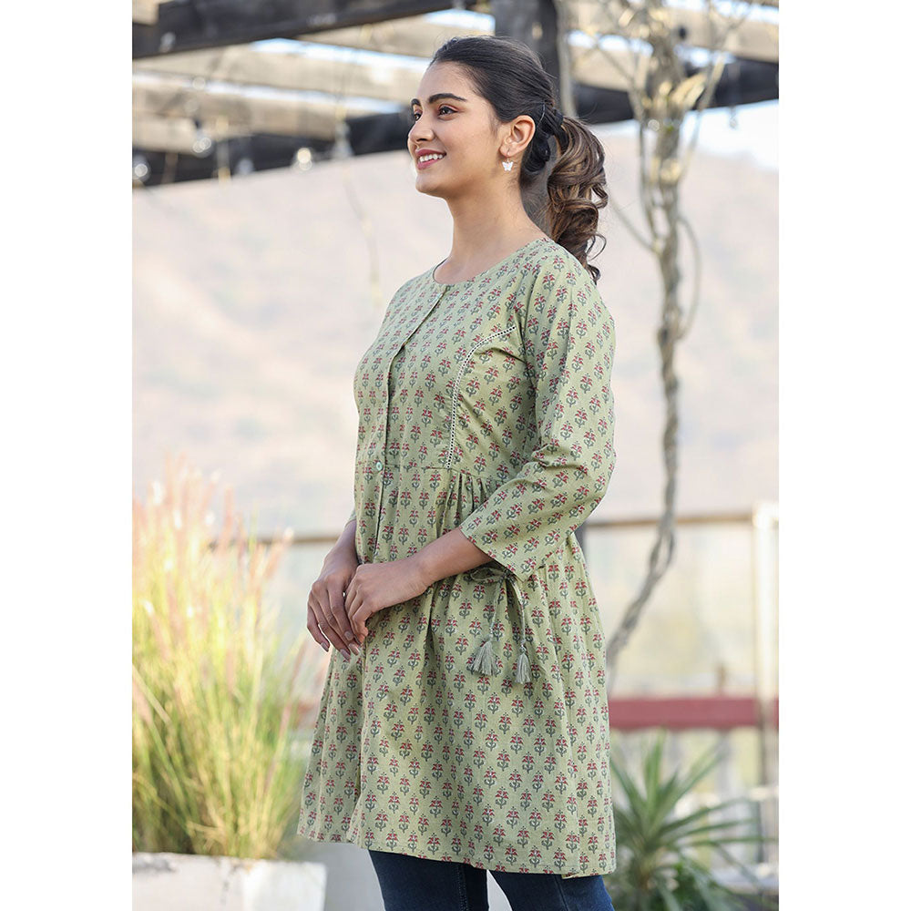 KAAJH Green Printed Cotton Shirt Style Tunic