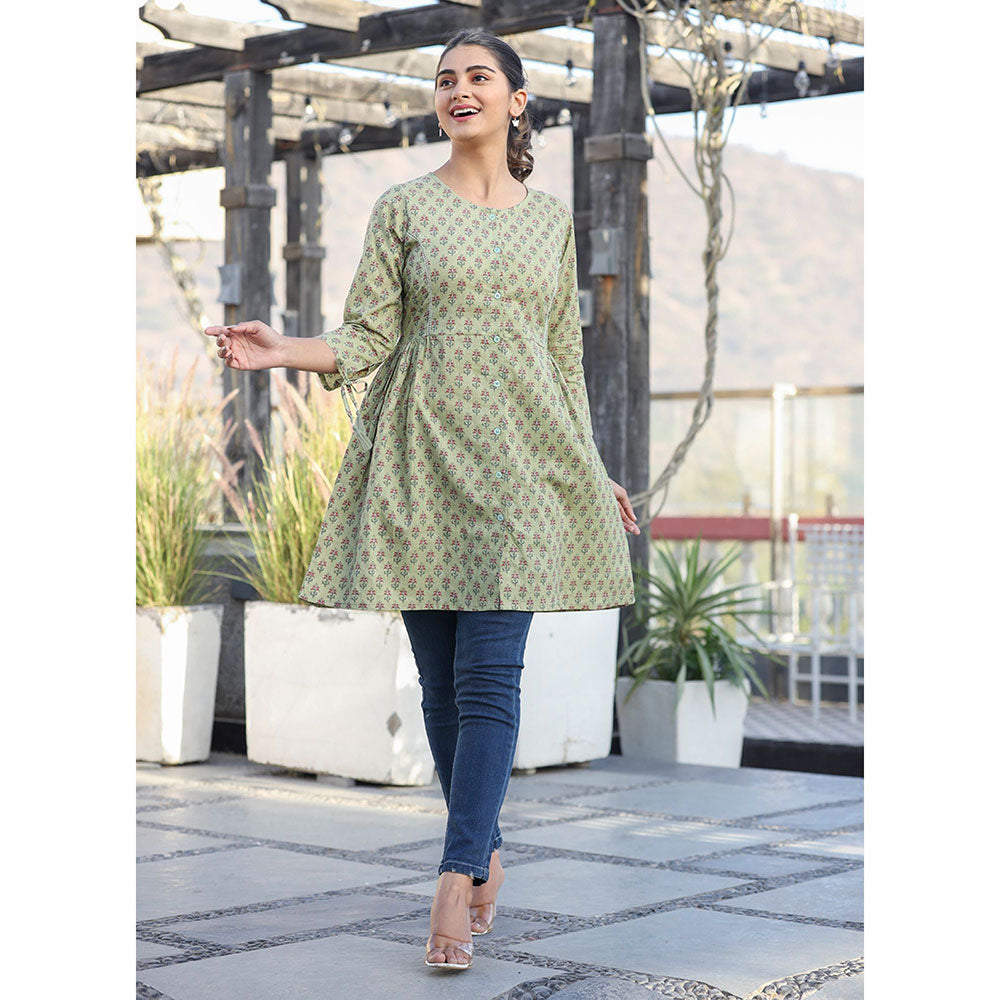 KAAJH Green Printed Cotton Shirt Style Tunic