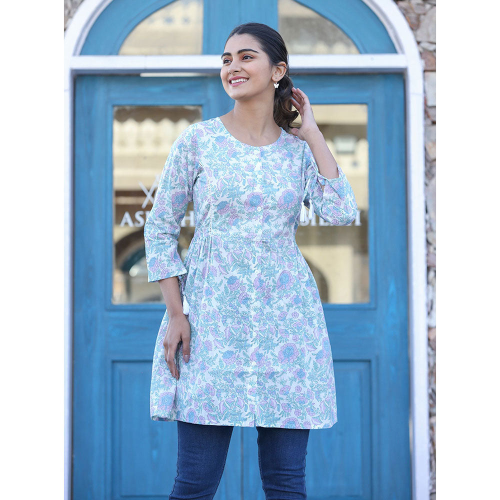 KAAJH White Floral Print Cotton Shirt Tunic